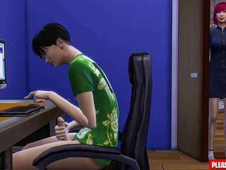 Japanilainen äitipuoli saaliit stepson Masturboi tietokoneen edessä (Ensimmäinen Kerta Japani Seksielokuva)